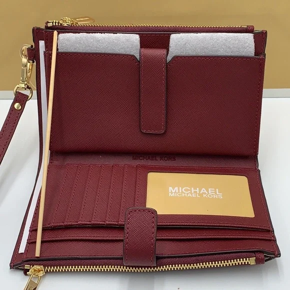 MICHAEL KORS LARGE DOUBLE ZIP WRISTLET WALLET DARK CHERRY COLOR MERLOT MULBERRY - Picture 3 of 16
